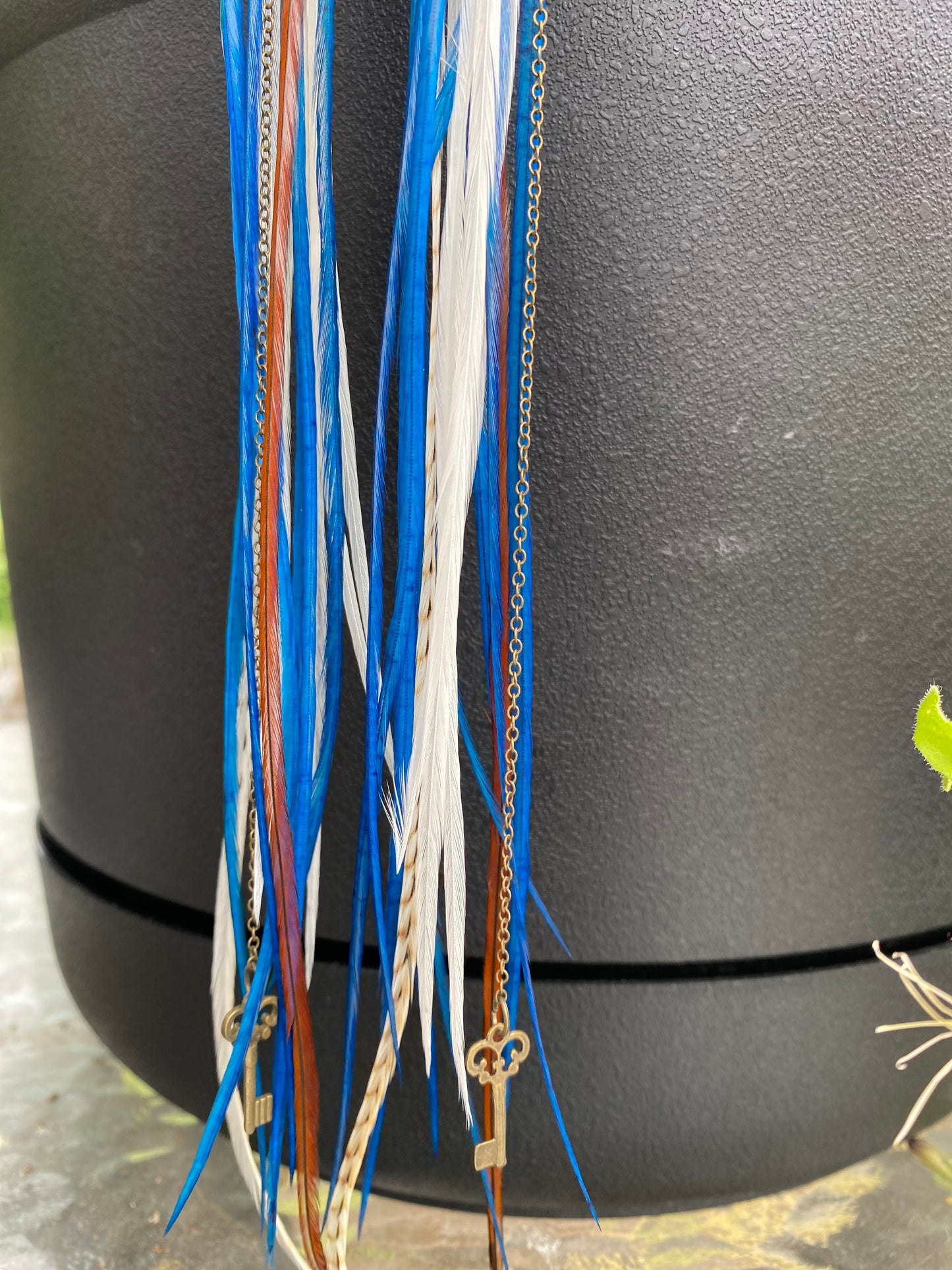 Thin Blue, White & Brown Feathers with Chain