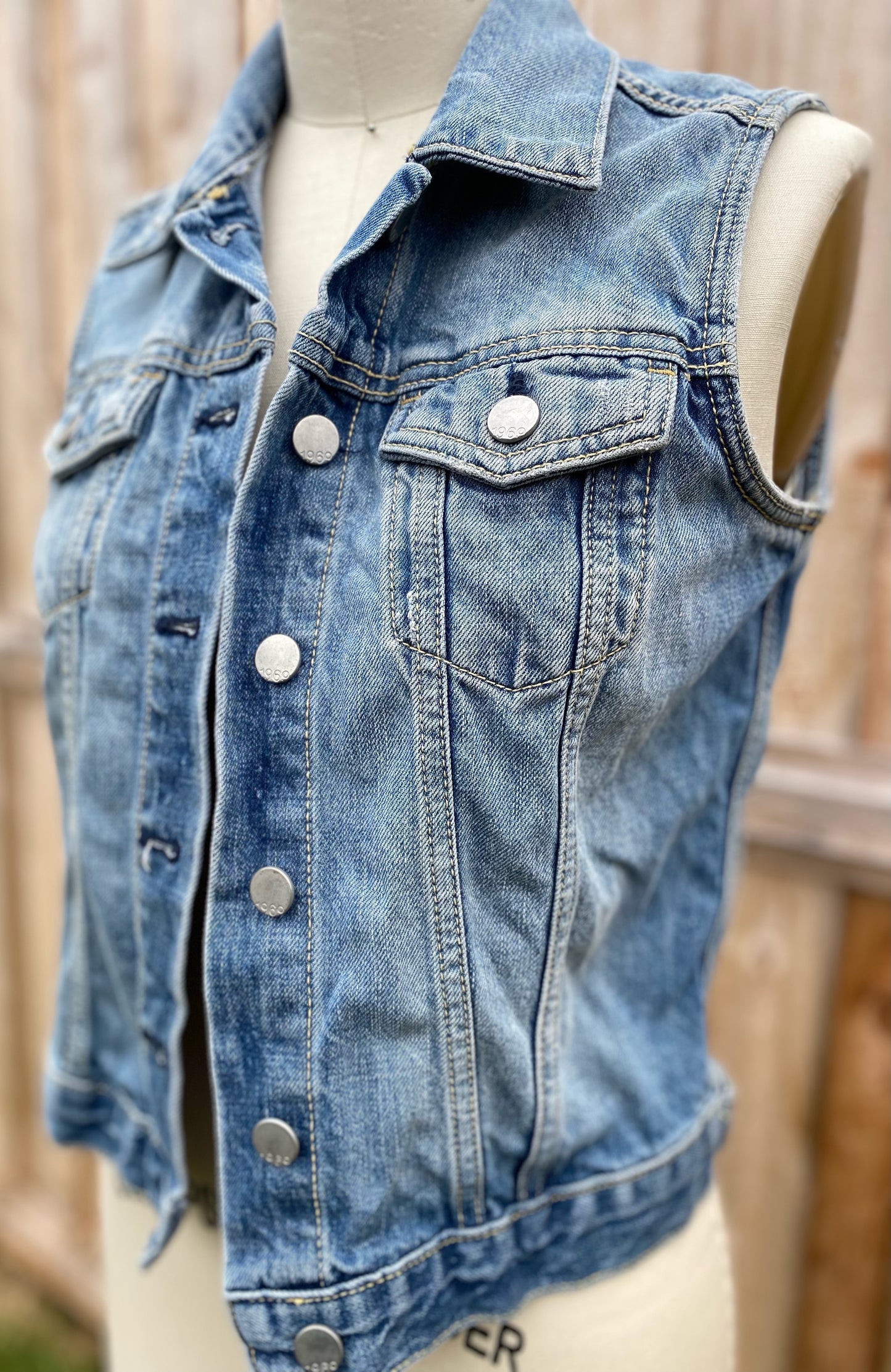 Pearl Skull Denim Vest - Size Sm