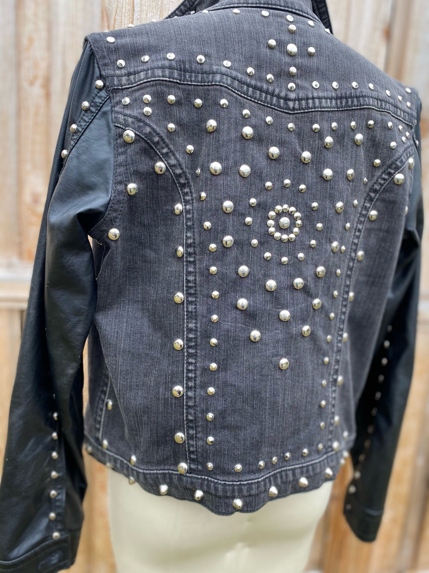 Black Denim Jacket with Faux Leather Sleeves - Size Lrg