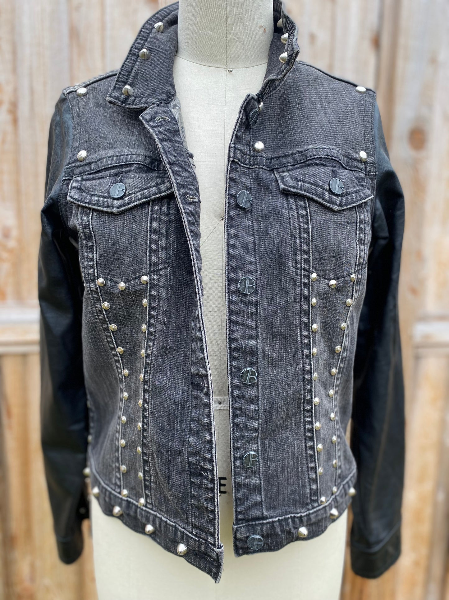Black Denim Jacket with Faux Leather Sleeves - Size Lrg