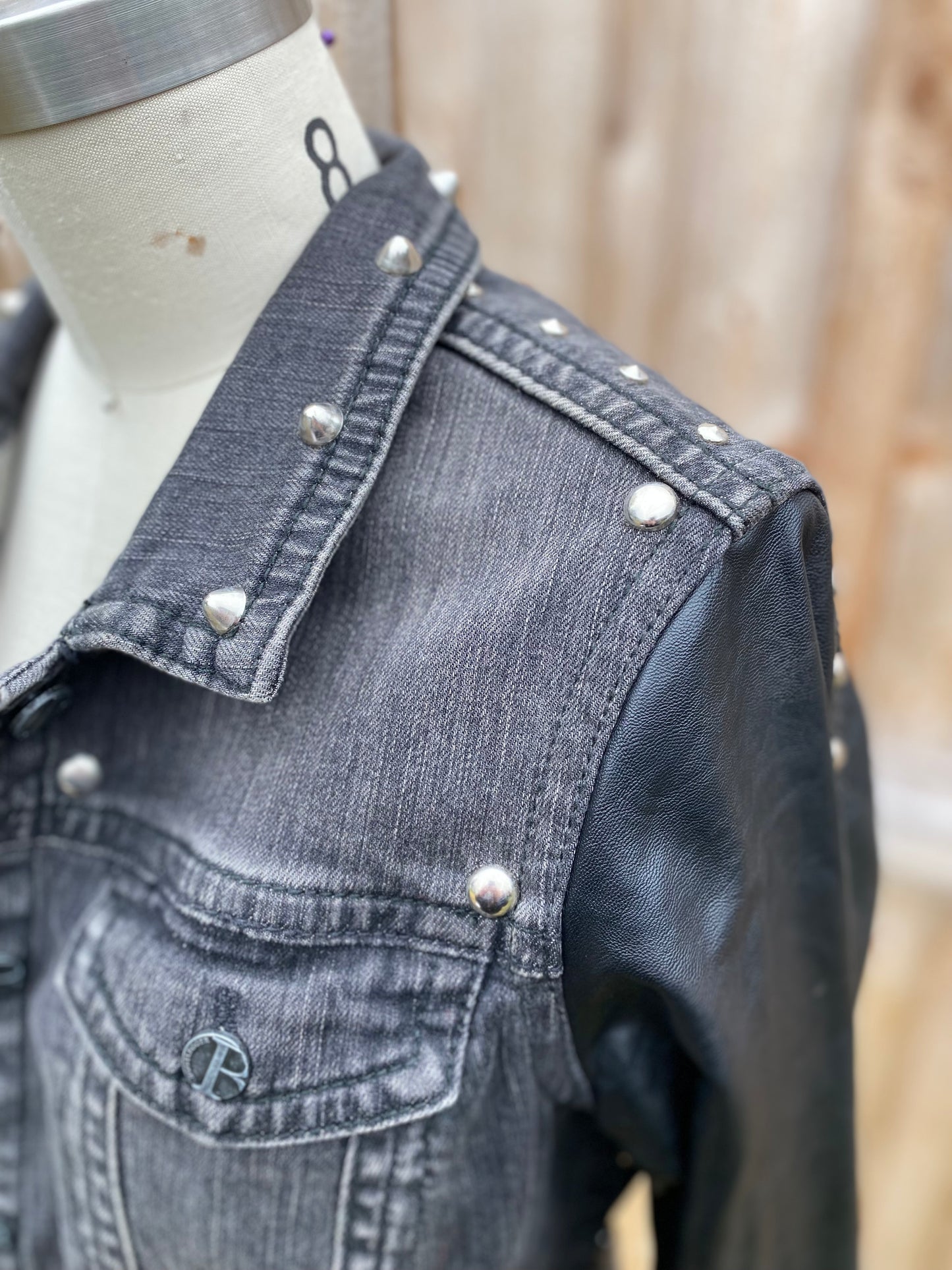 Black Denim Jacket with Faux Leather Sleeves - Size Lrg