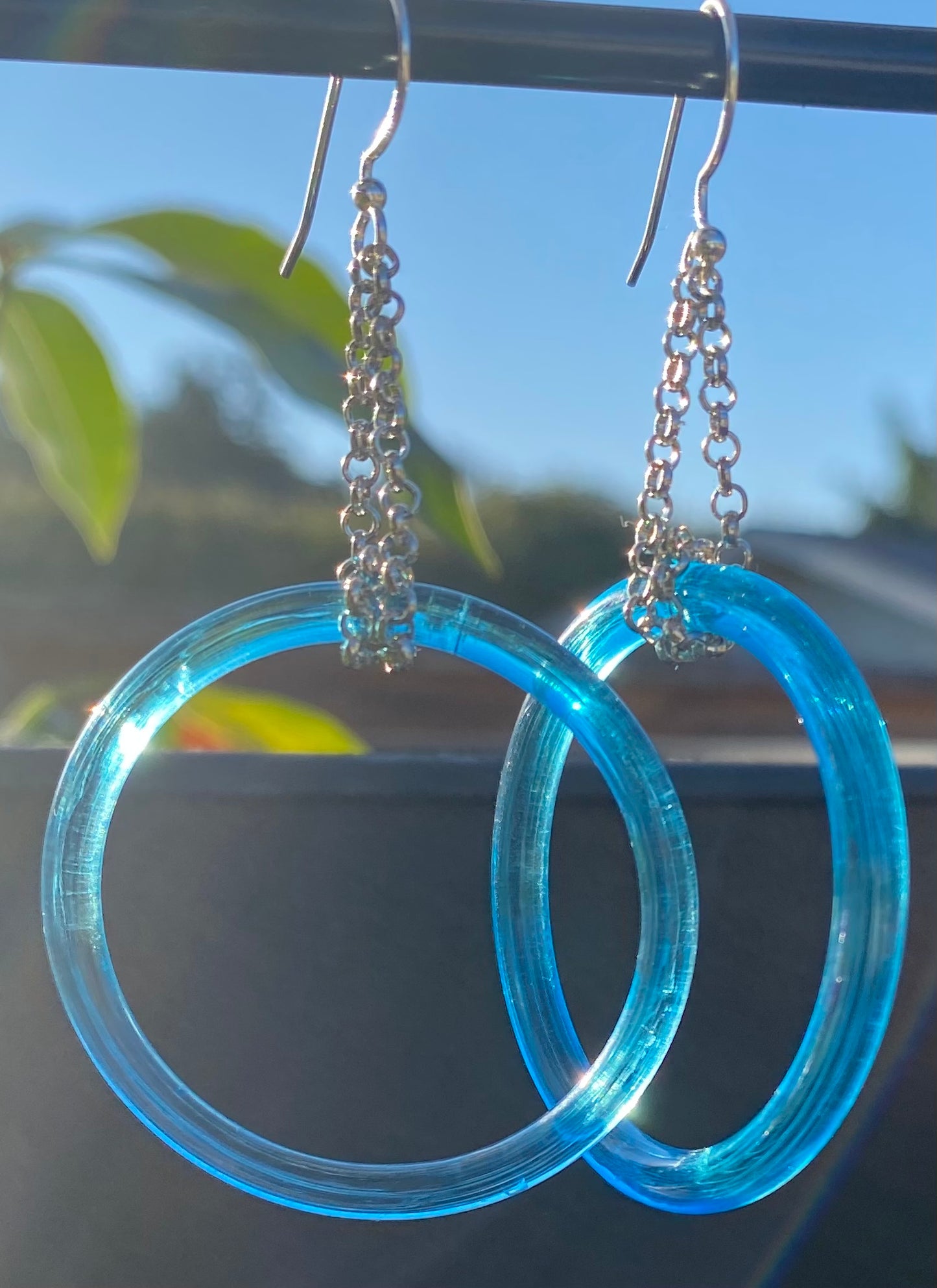 Baby Blue Vintage Glass Hoops on Chain