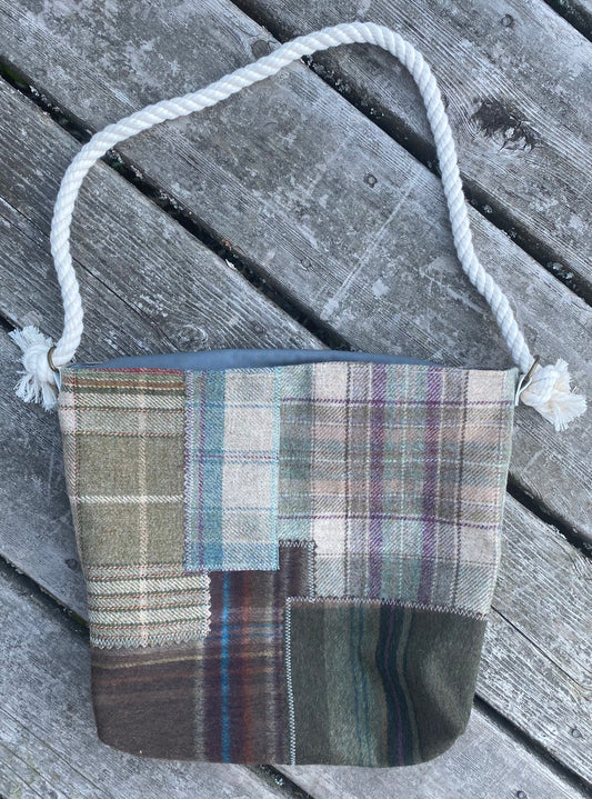 Plaid Patchwork Boho Bag ~ Cream handle