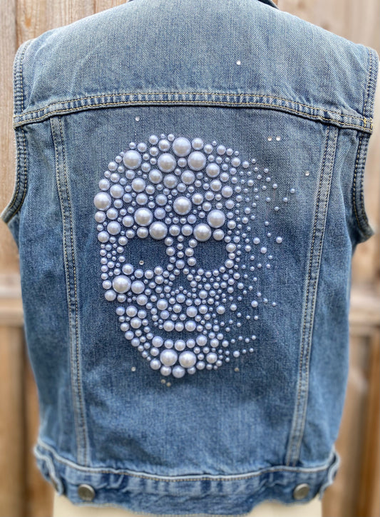 Pearl Skull Denim Vest - Size Sm