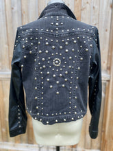 Load image into Gallery viewer, Black Denim Jacket with Faux Leather Sleeves - Size Lrg
