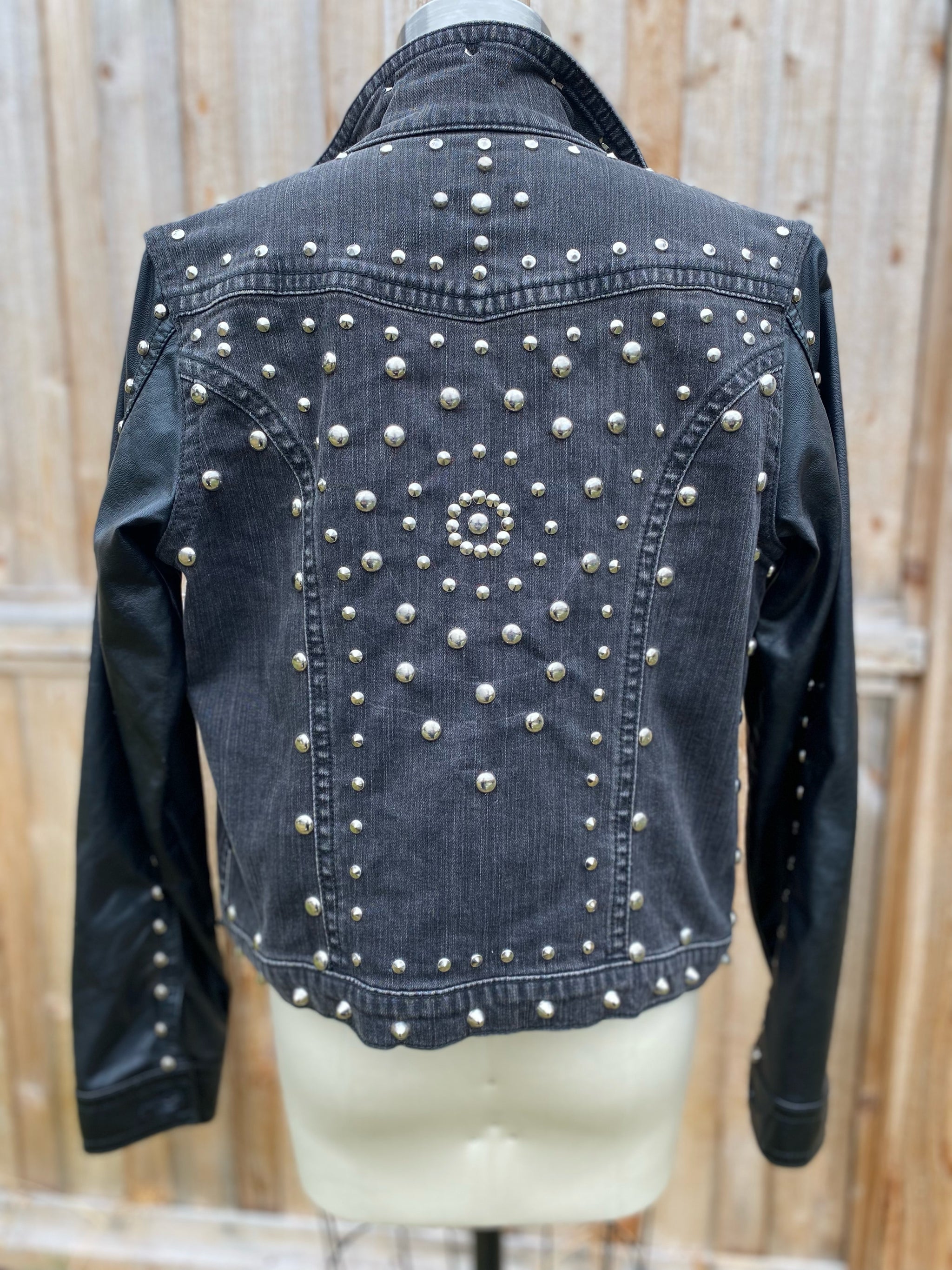 Black Denim Jacket with Faux Leather Sleeves Size Lrg