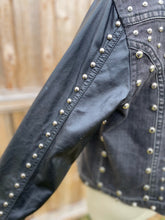 Load image into Gallery viewer, Black Denim Jacket with Faux Leather Sleeves - Size Lrg
