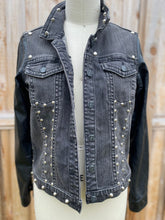 Load image into Gallery viewer, Black Denim Jacket with Faux Leather Sleeves - Size Lrg
