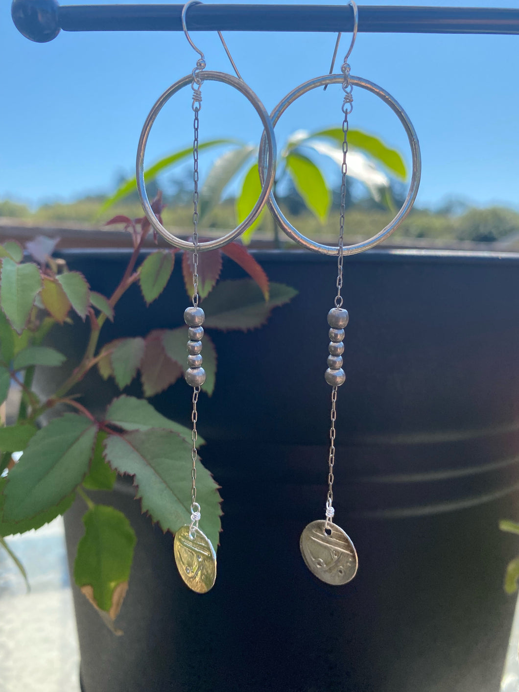 Pewter Hoops with Vintage Chain & Silver Coins