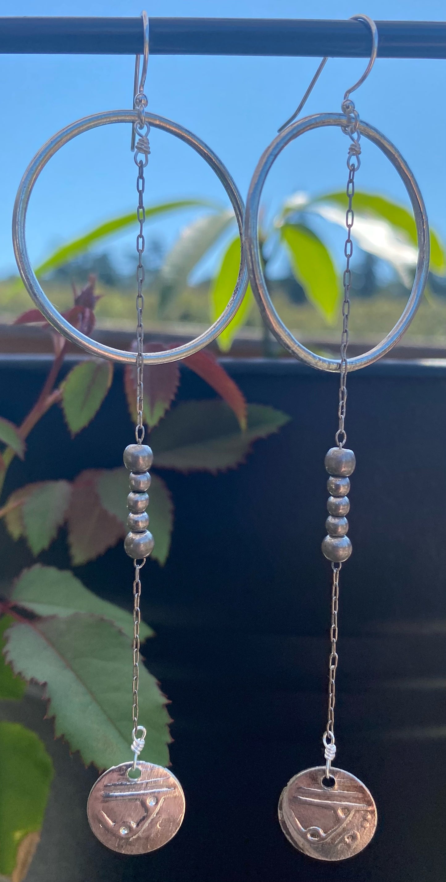 Pewter Hoops with Vintage Chain & Silver Coins