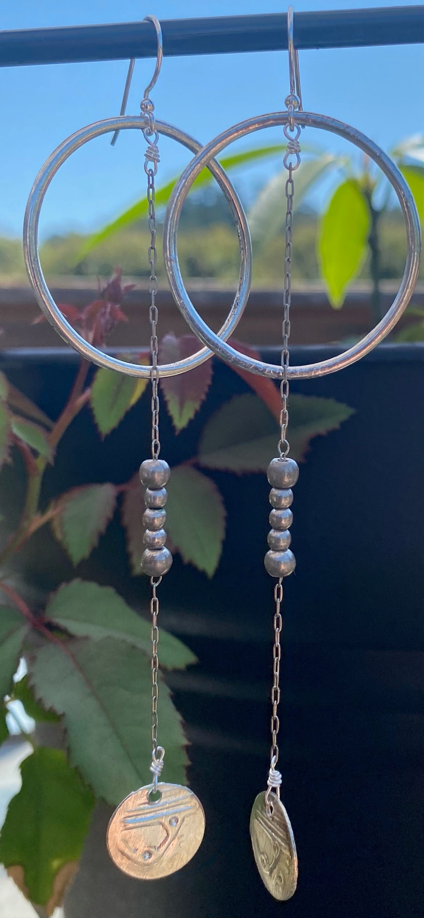 Pewter Hoops with Vintage Chain & Silver Coins