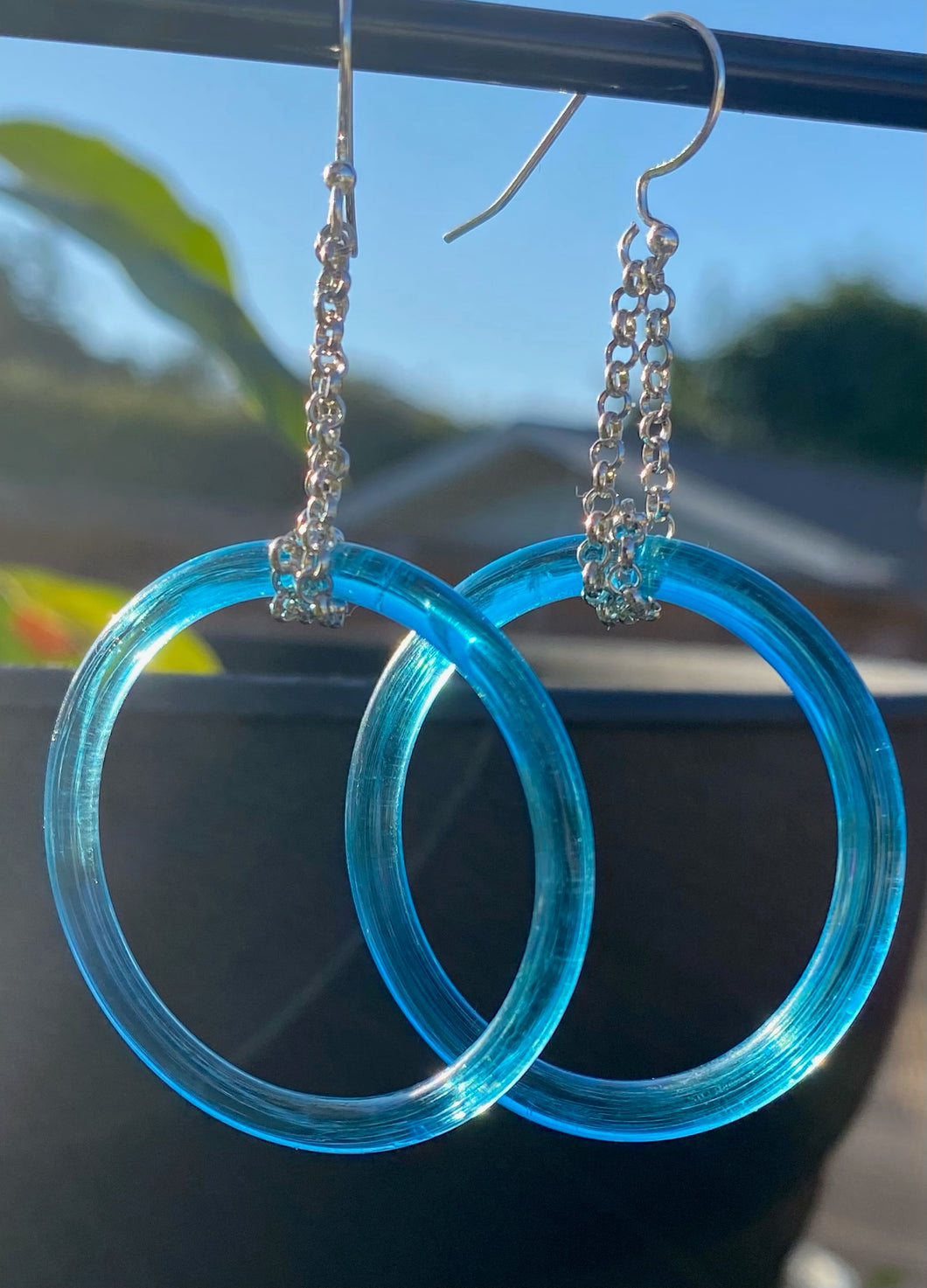 Baby Blue Vintage Glass Hoops on Chain